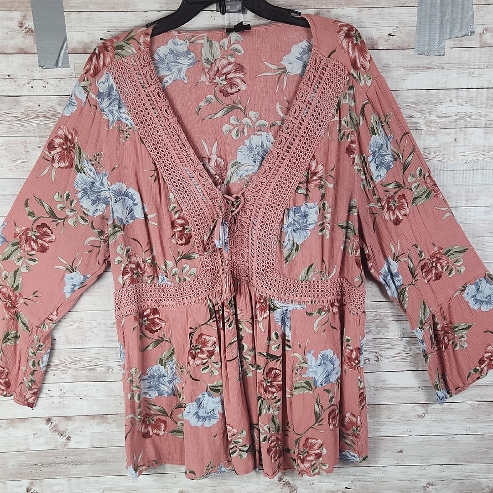 Torrid Pink BOHO Top, Embellished 3/4 Sleeve Blouse, With Tassel. - Picture 2 of 7